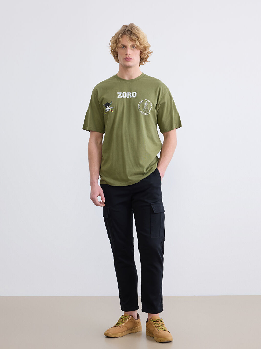 Haki Bisiklet Yaka Baskılı Erkek Tişört-1