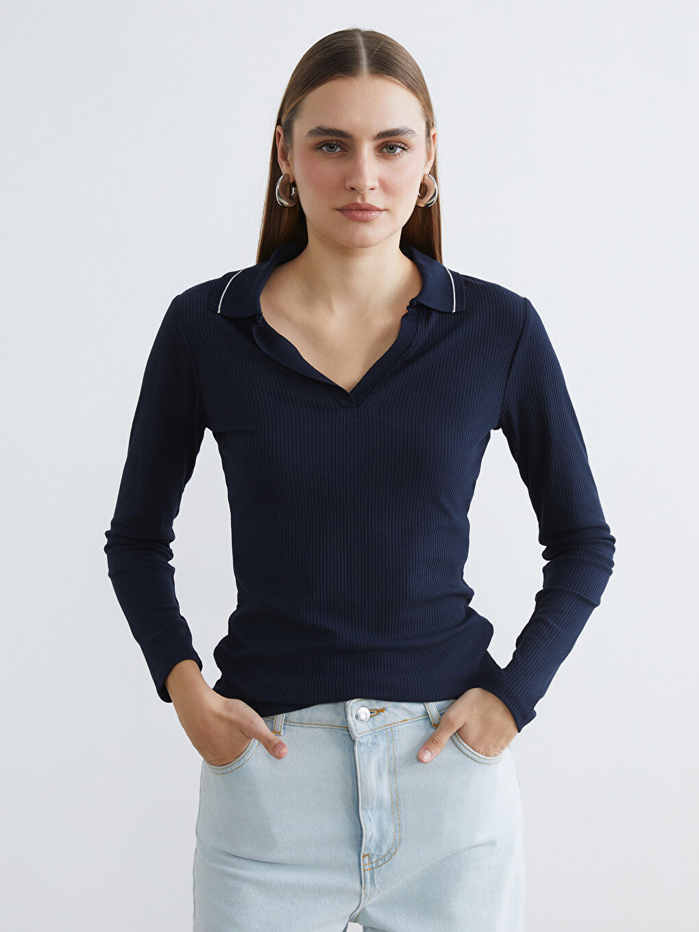 Lacivert Polo Yaka Fitilli Kadın Tişört