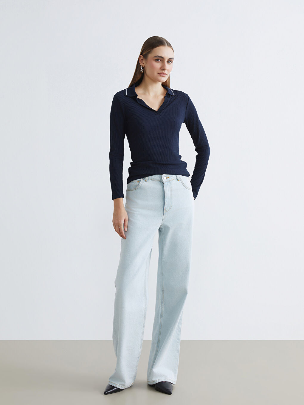 Lacivert Polo Yaka Fitilli Kadın Tişört-1