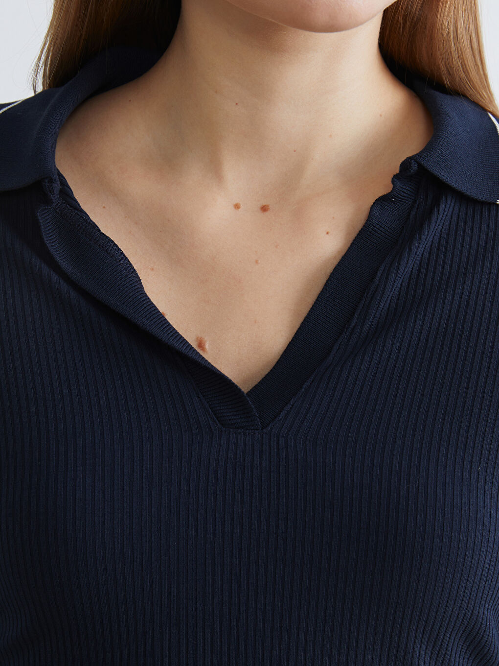 Lacivert Polo Yaka Fitilli Kadın Tişört-2