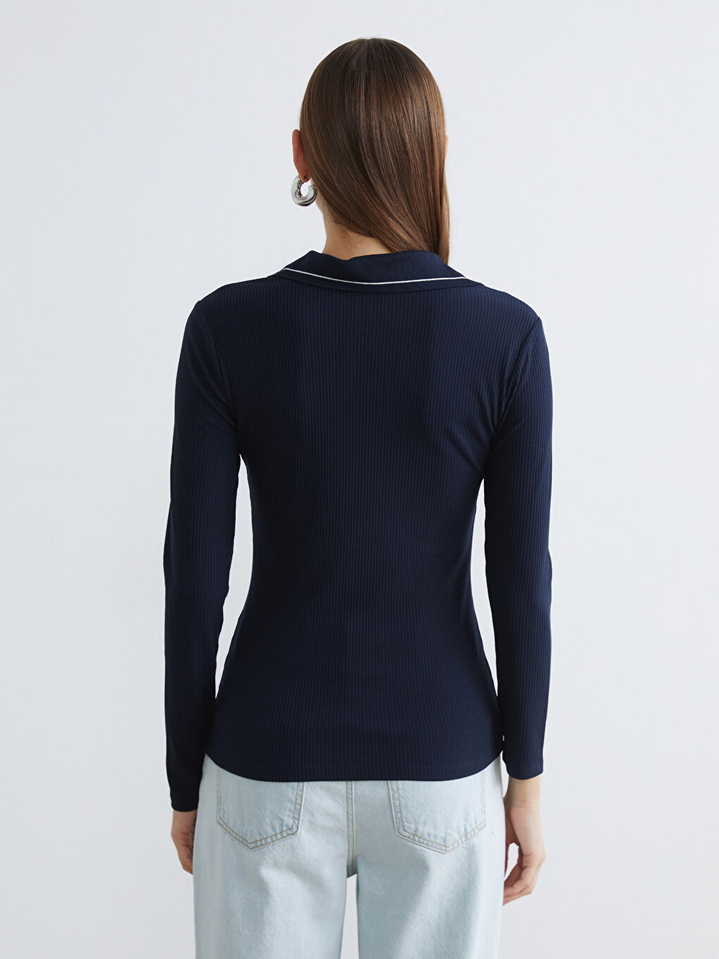 Lacivert Polo Yaka Fitilli Kadın Tişört-3