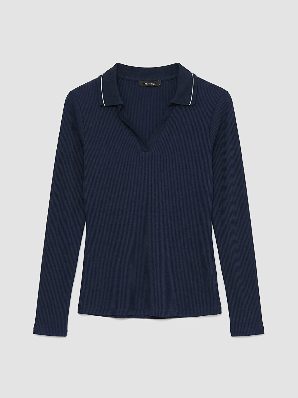 Lacivert Polo Yaka Fitilli Kadın Tişört-4