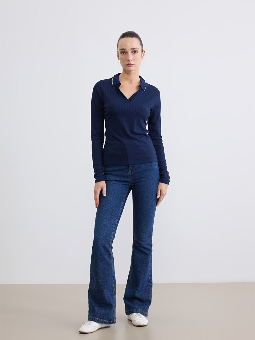 Lacivert Polo Yaka Fitilli Kadın Tişört-1