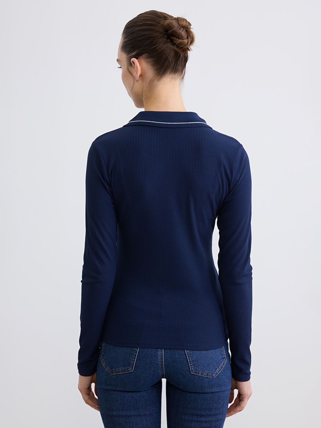 Lacivert Polo Yaka Fitilli Kadın Tişört-3