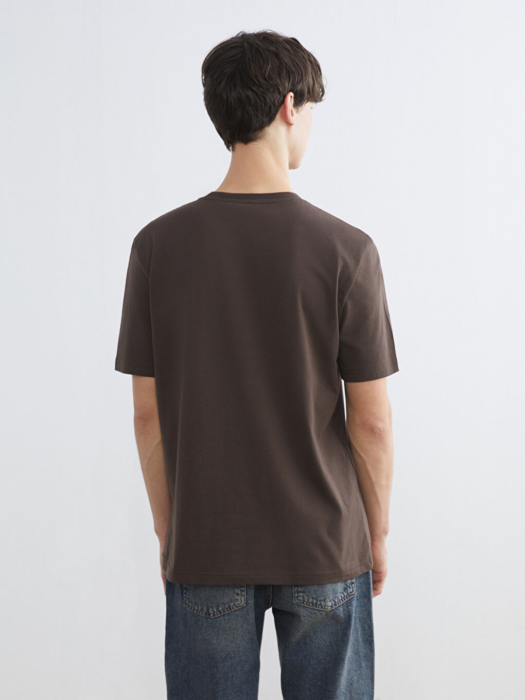 Kahverengi Bisiklet Yaka Baskılı Penye Erkek Tişört-3