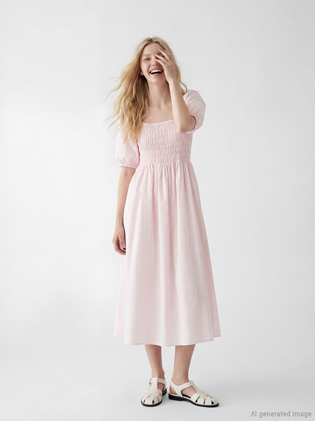 فستان نسائي بياقة مربعة وأكمام منتفخة بقصة كلوش