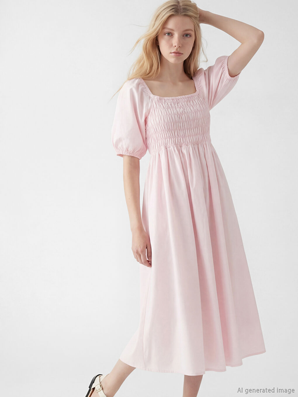 فستان نسائي بياقة مربعة وأكمام منتفخة بقصة كلوش-1