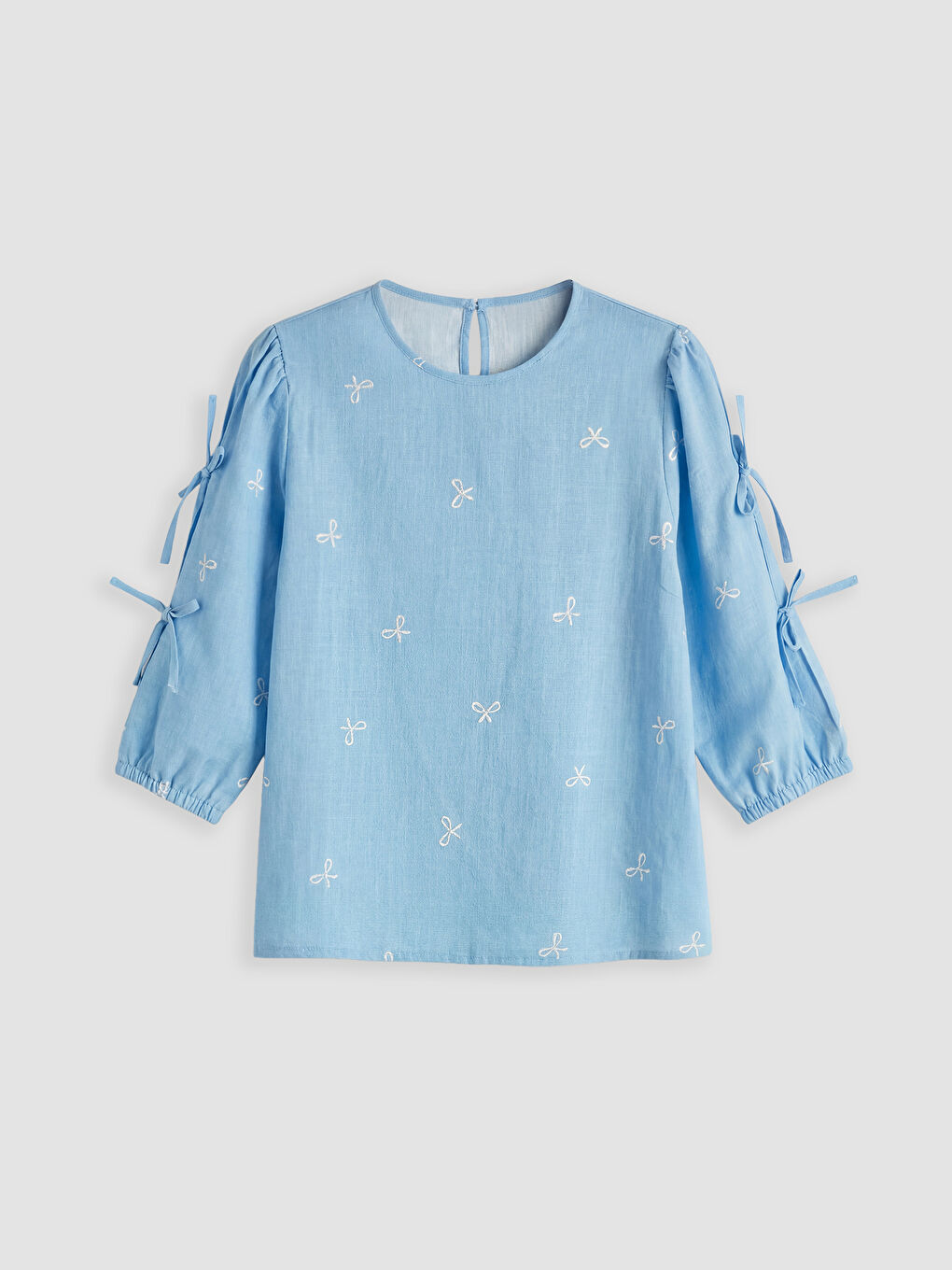 Crew Neck Embroidered Blouse with Ties-3