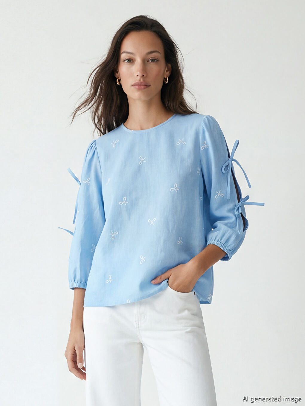 Crew Neck Embroidered Blouse with Ties