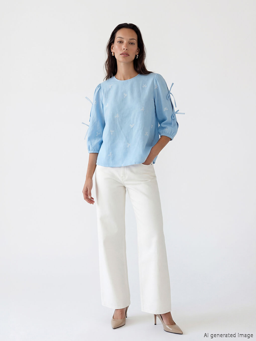 Crew Neck Embroidered Blouse with Ties-1