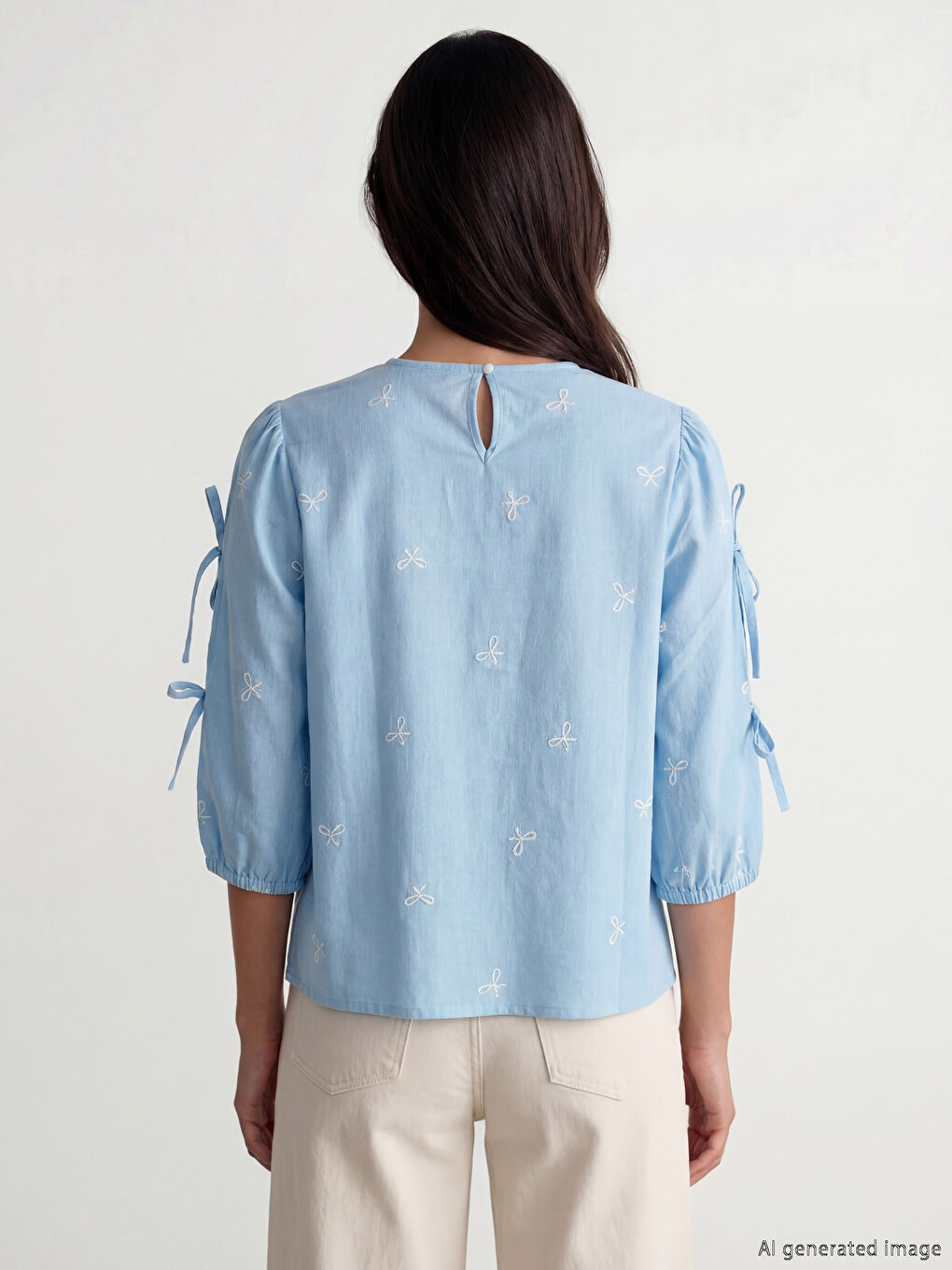 Crew Neck Embroidered Blouse with Ties-2