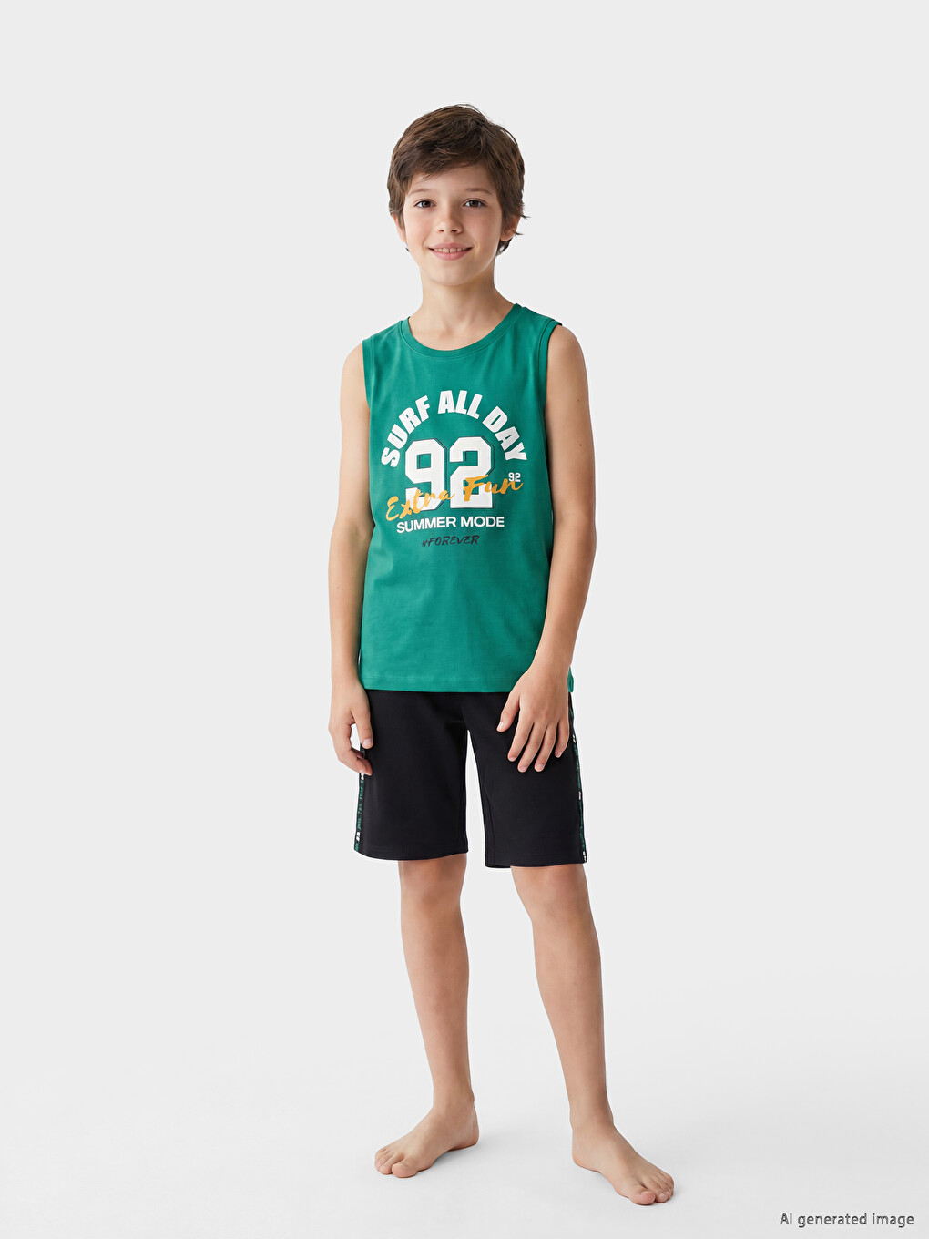 Yeşil Bisiklet Yaka Erkek Çocuk Şortlu Pijama Takımı-2