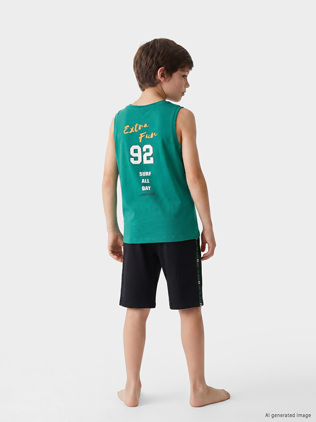 Yeşil Bisiklet Yaka Erkek Çocuk Şortlu Pijama Takımı-4