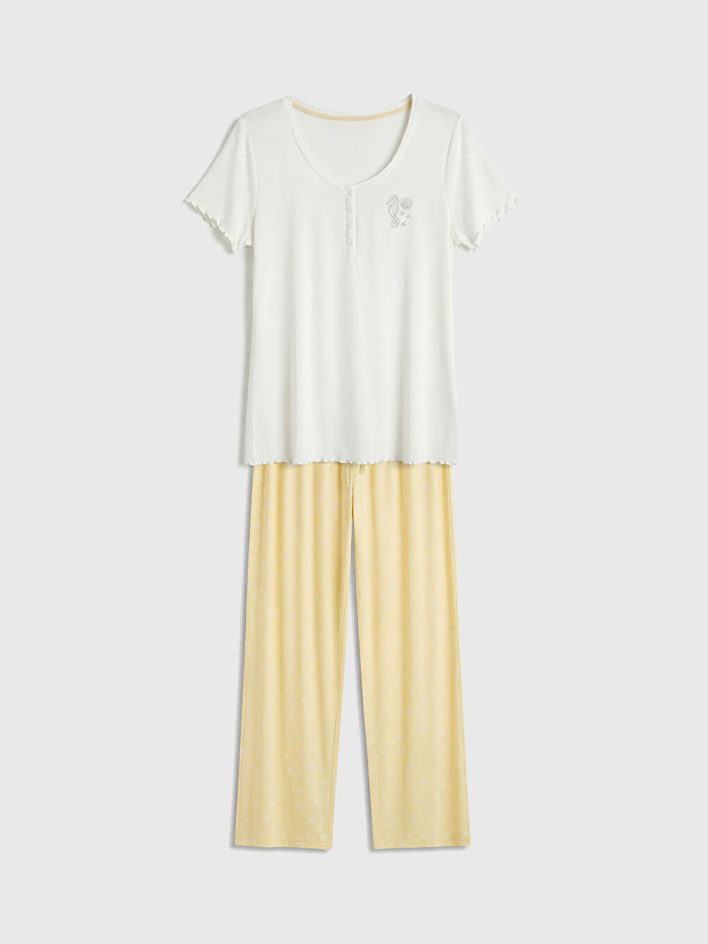 Sarı Bisiklet Yaka Baskılı Kadın Pijama Takımı-4