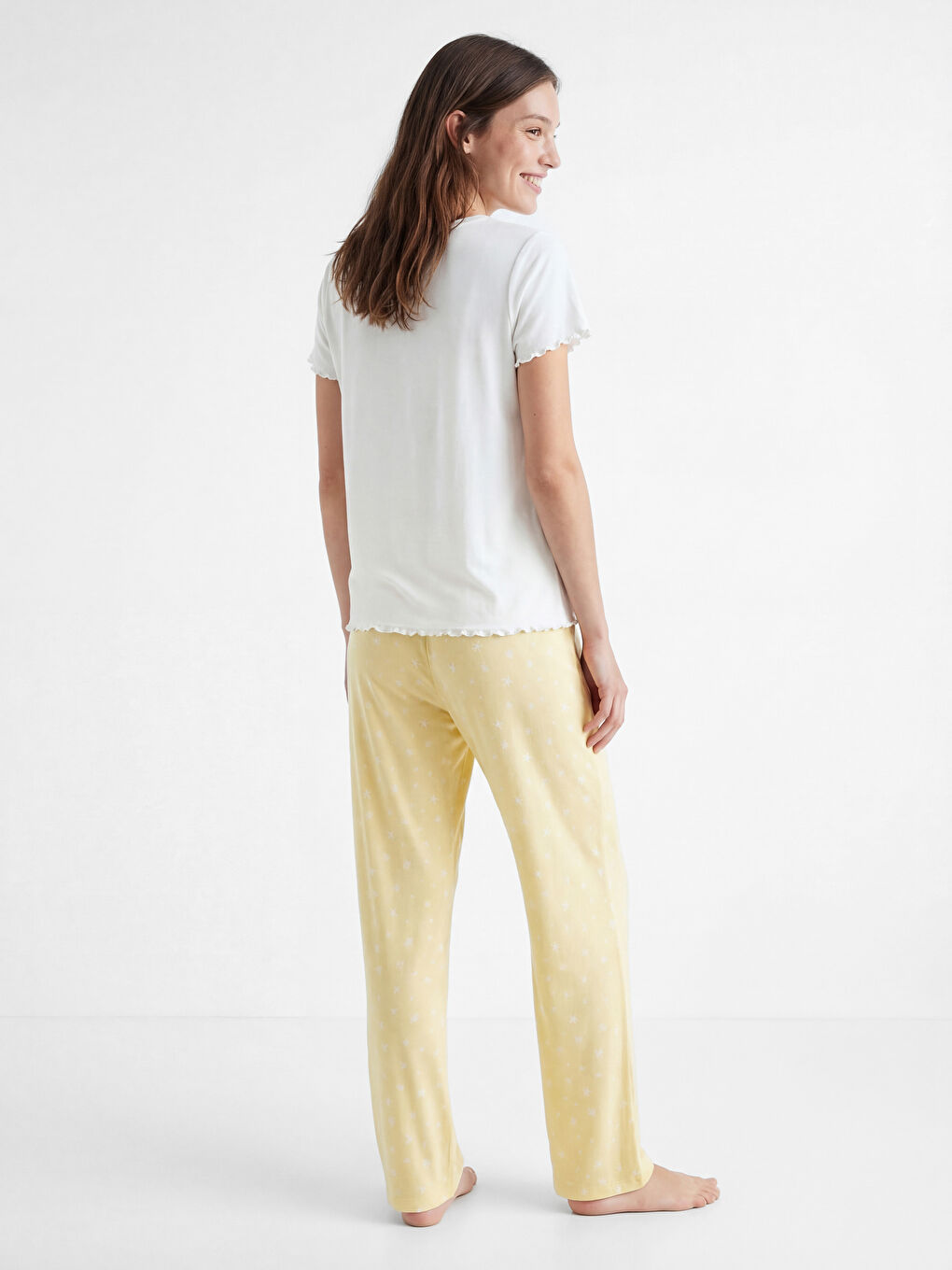 Sarı Bisiklet Yaka Baskılı Kadın Pijama Takımı-3