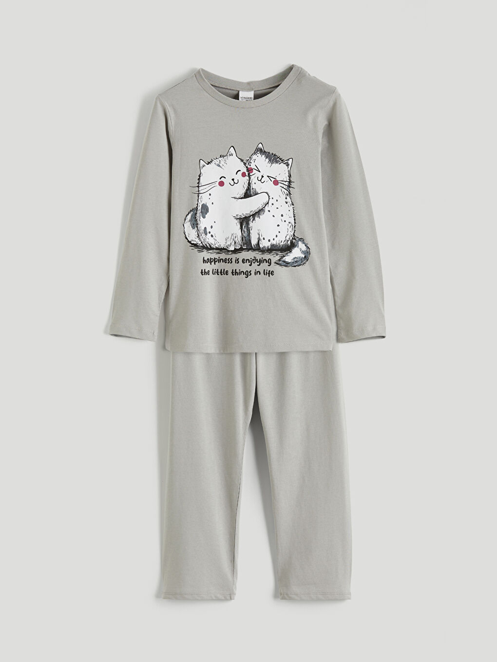 Gri Bisiklet Yaka Kız Çocuk Baskılı Pijama Takım