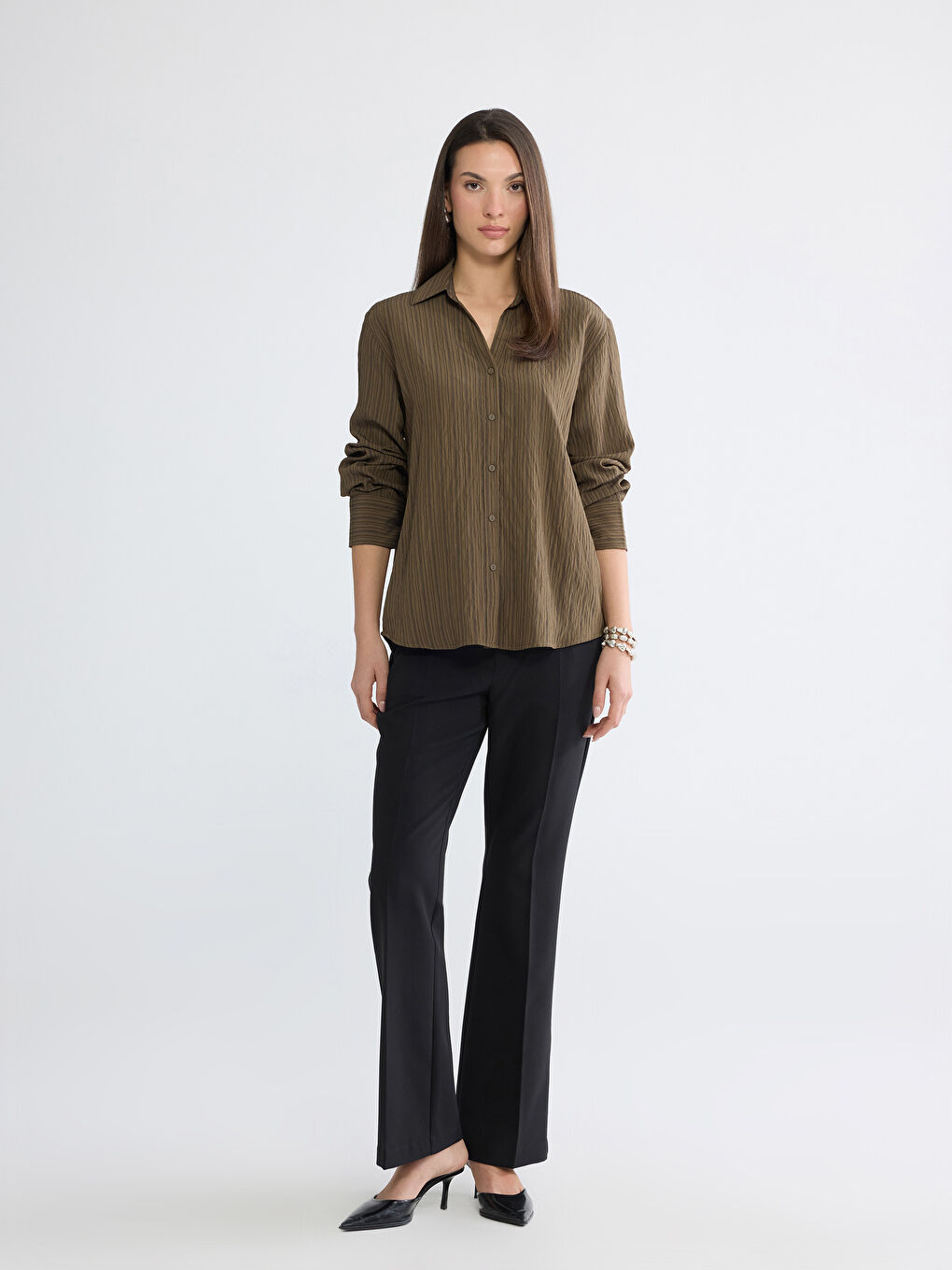 Kahverengi Çizgili Kadın Gömlek-2