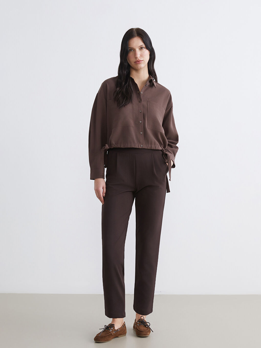 Kahverengi Bağcıklı Oversize Kadın Gömlek	-1