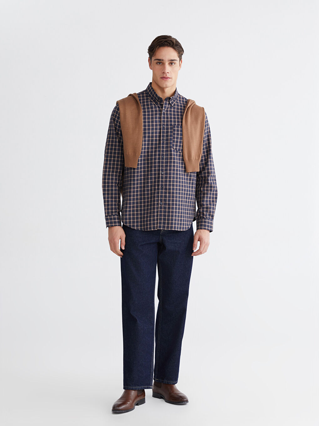 Стандартная клетчатая габардиновая мужская рубашка-1