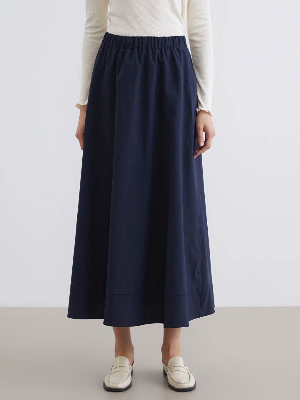 Lacivert Beli Lastikli Poplin Kloş Etek-1