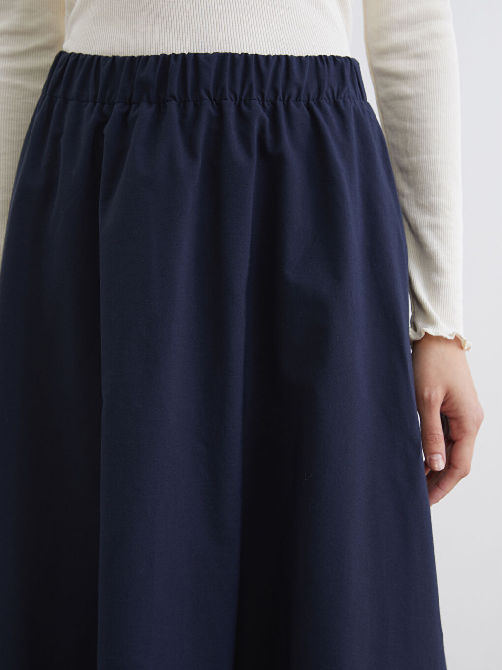Lacivert Beli Lastikli Poplin Kloş Etek-2
