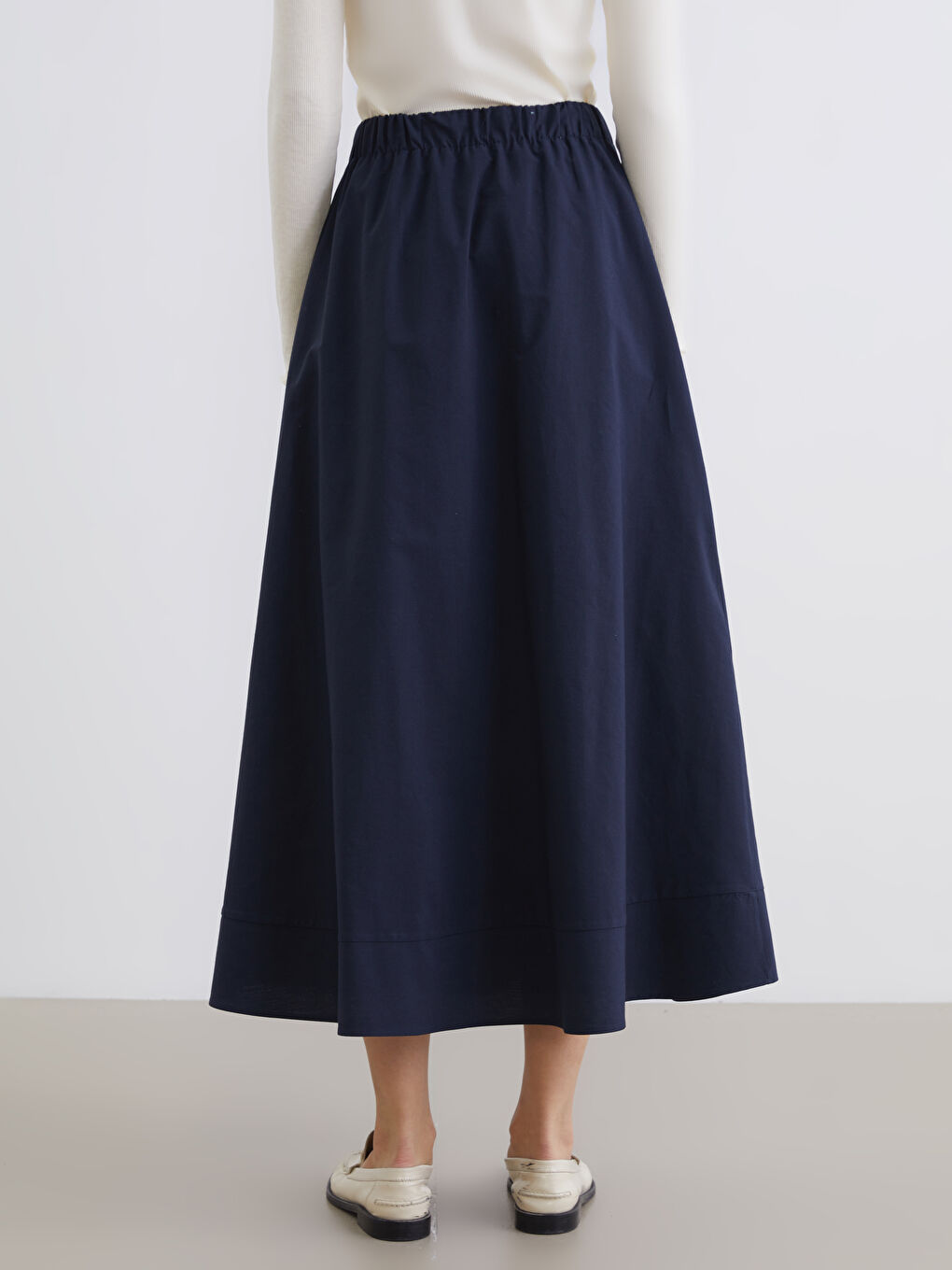 Lacivert Beli Lastikli Poplin Kloş Etek-3