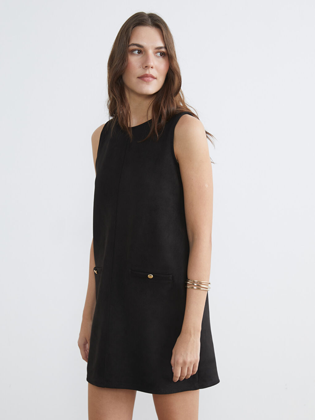 Rochie mini cu efect de piele întoarsă și decolteu rotund.-1