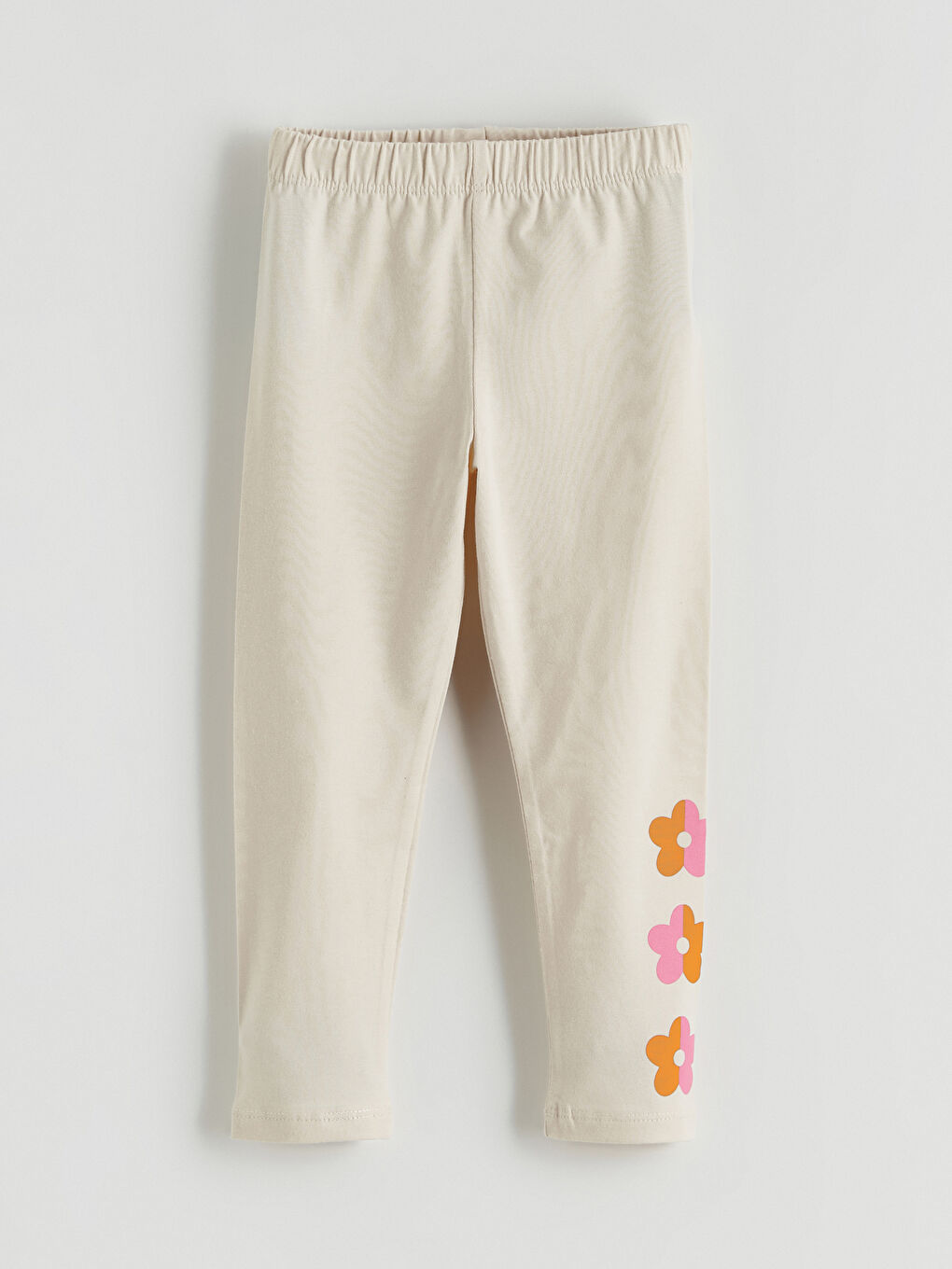 Bej Beli Lastikli Çiçekli Kız Çocuk Tayt