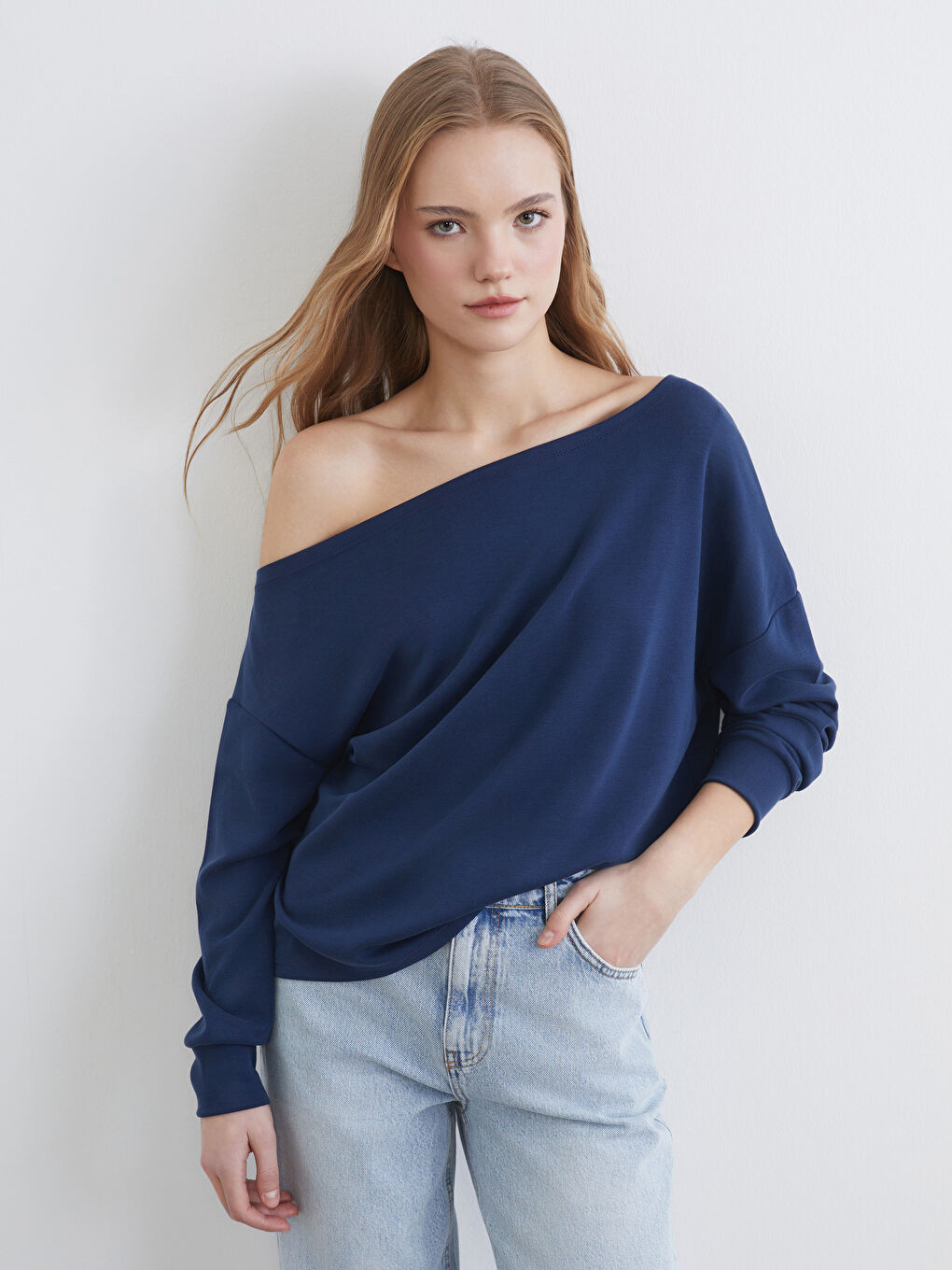 Lacivert Kayık Yaka Soft Touch Bluz