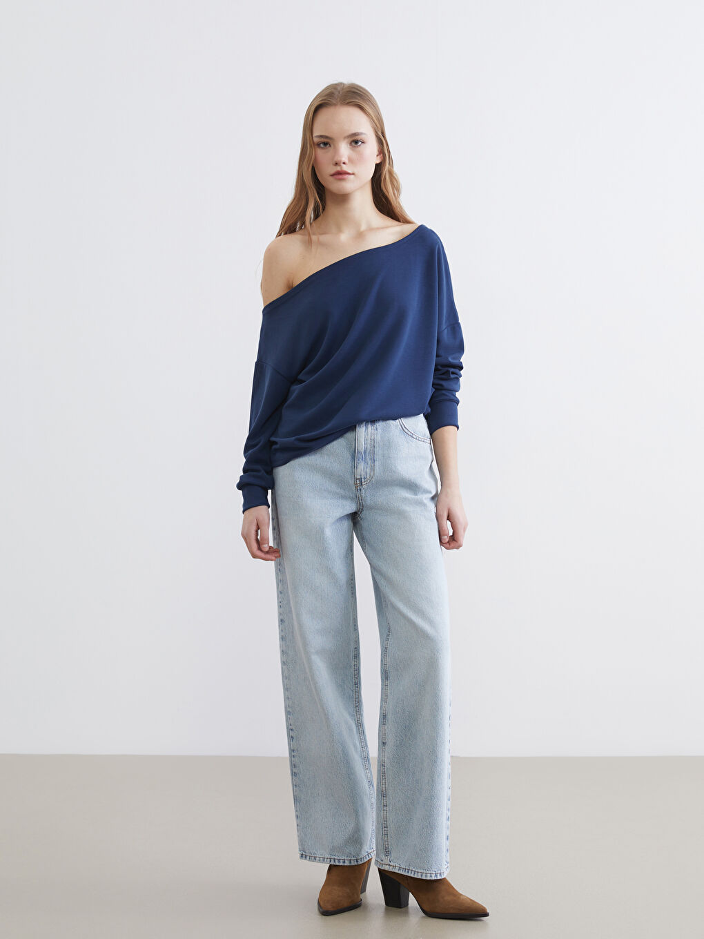 Lacivert Kayık Yaka Soft Touch Bluz-1