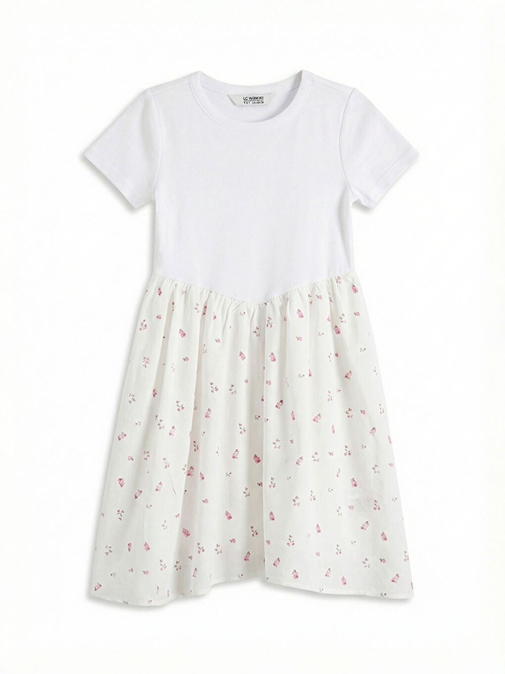 Girls' floral dress with a crew neck.