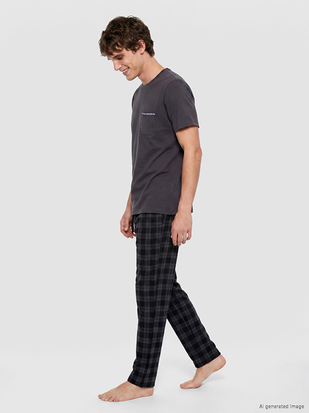 Gri Bisiklet Yaka Kısa Kollu Erkek Pijama Üst-1