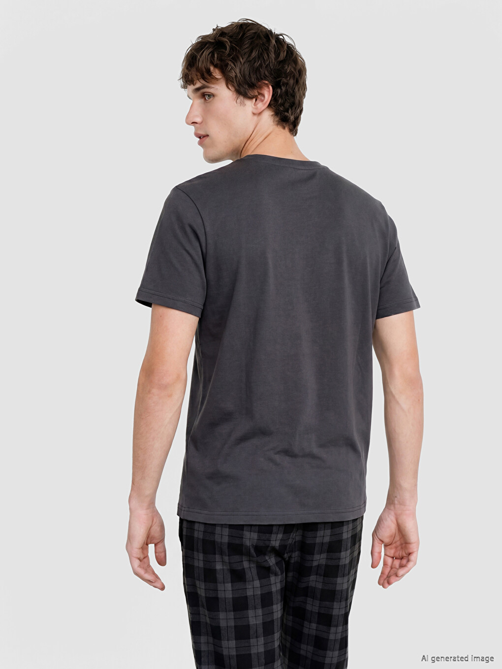 Gri Bisiklet Yaka Kısa Kollu Erkek Pijama Üst-3