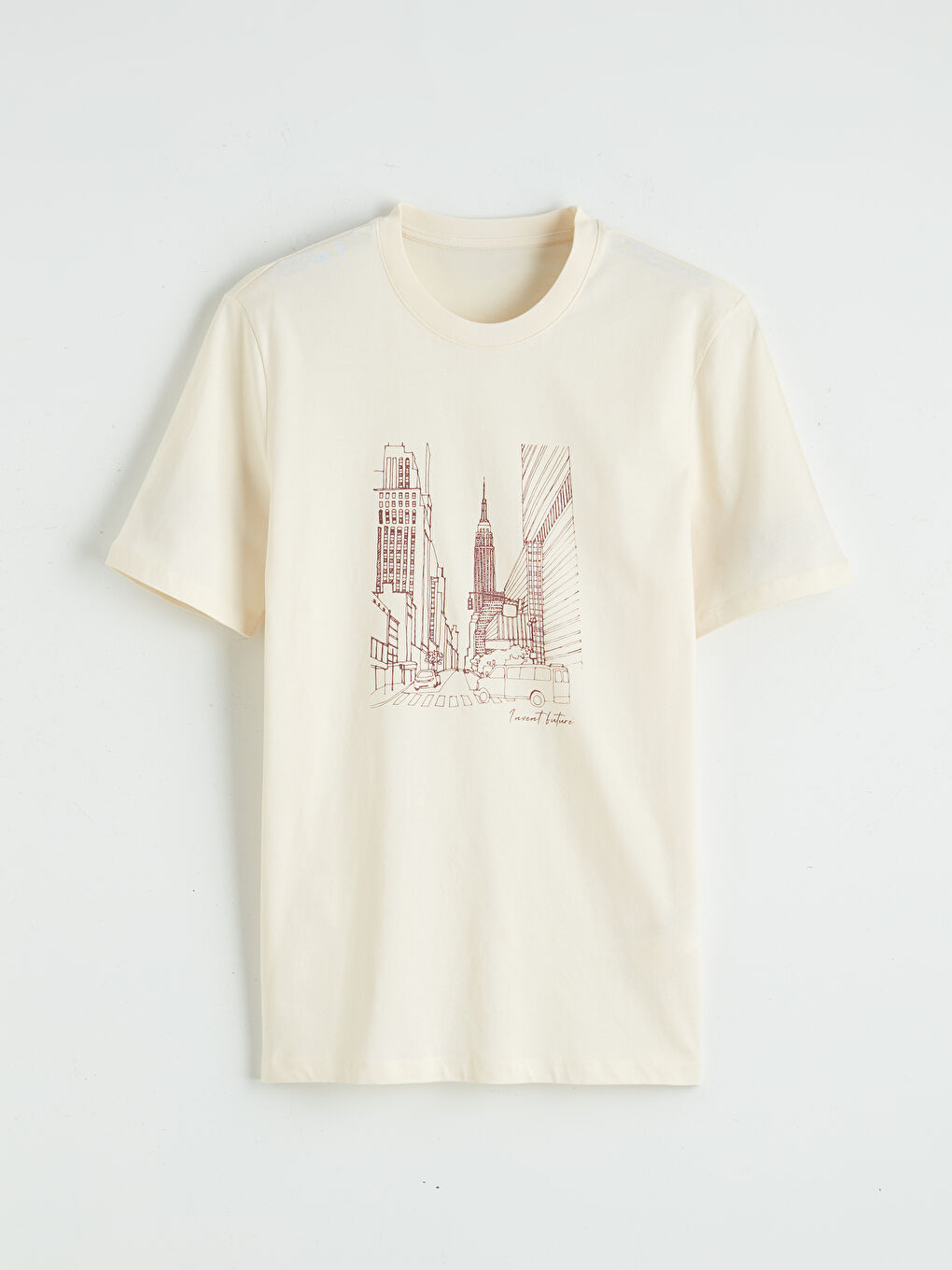 Bej Bisiklet Yaka NYC Baskılı Erkek Tişört-5