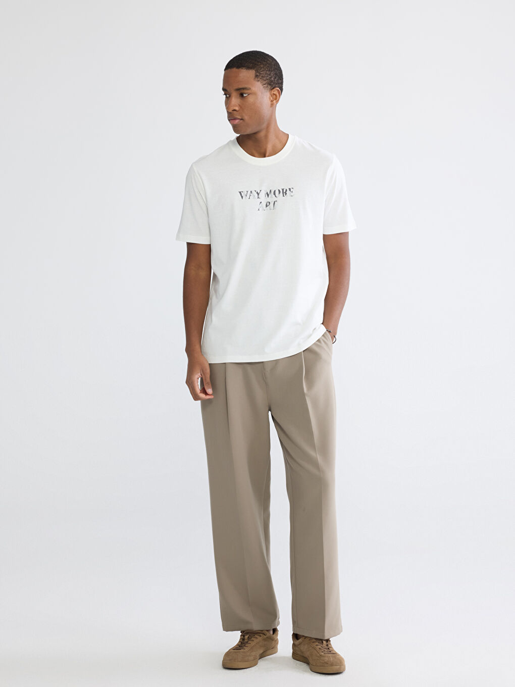 Ekru Bisiklet Yaka Baskılı Penye Erkek Tişört-1