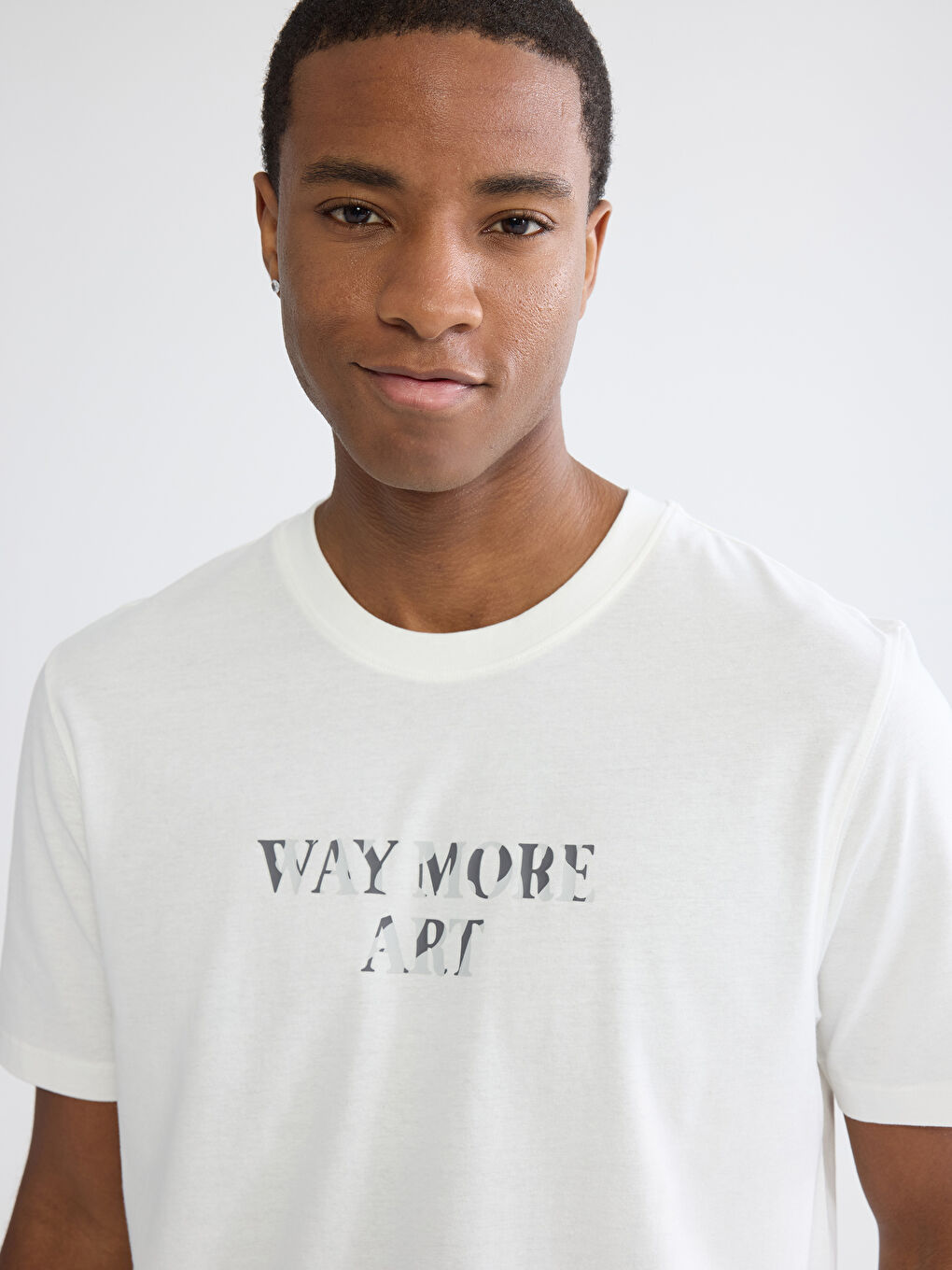 Ekru Bisiklet Yaka Baskılı Penye Erkek Tişört-2