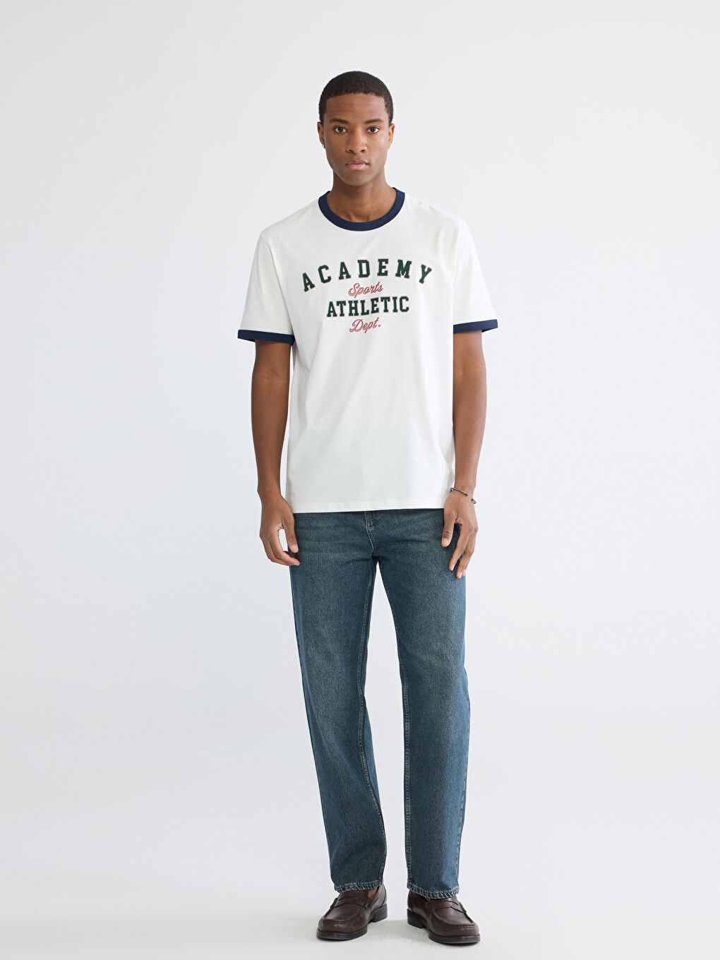 Ekru Bisiklet Yaka Baskılı Penye Erkek Tişört-1