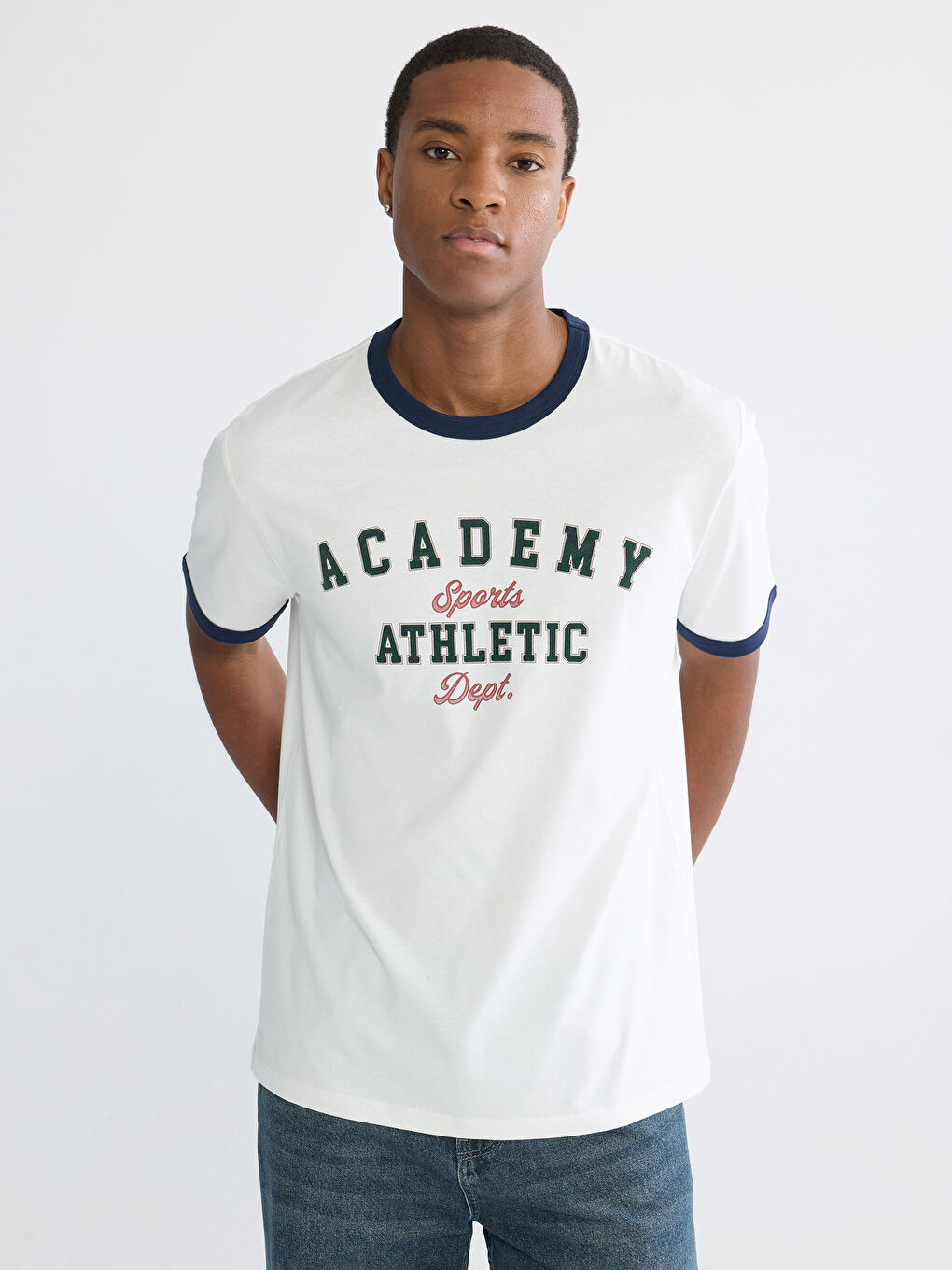 Ekru Bisiklet Yaka Baskılı Penye Erkek Tişört-2