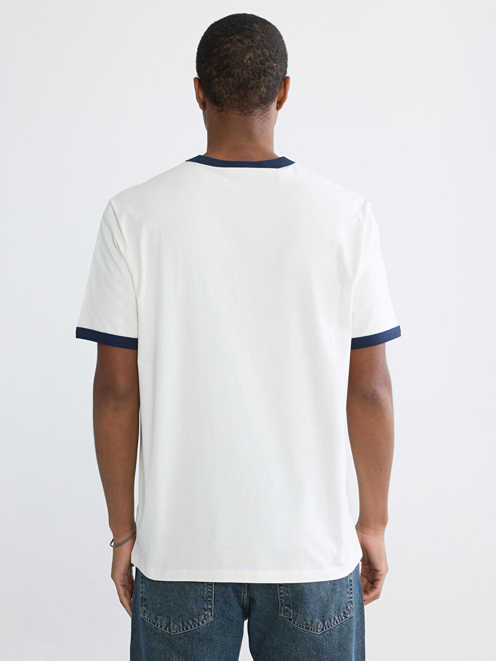 Ekru Bisiklet Yaka Baskılı Penye Erkek Tişört-3