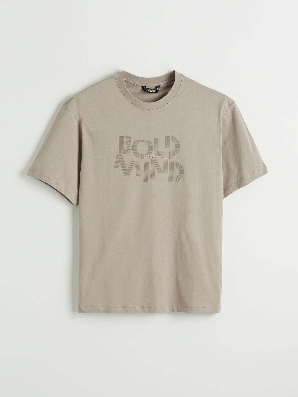 Bej Bisiklet Yaka Baskılı Penye Erkek Tişört-4