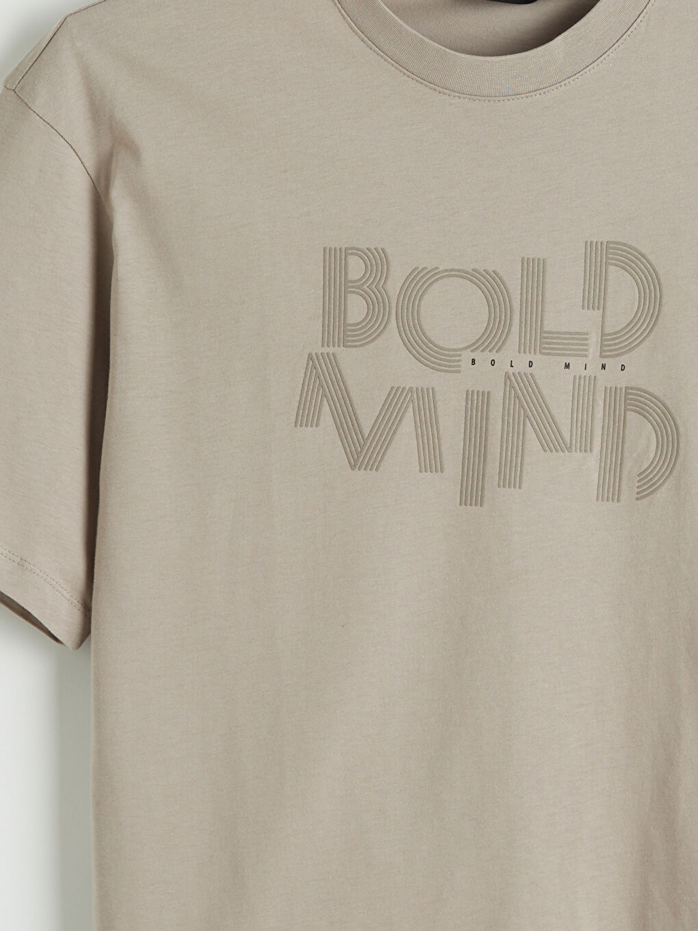 Bej Bisiklet Yaka Baskılı Penye Erkek Tişört-5