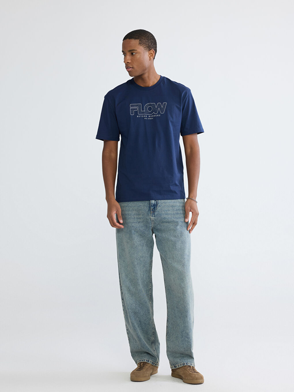 Lacivert Bisiklet Yaka NYC Baskılı Penye Erkek Tişört-1