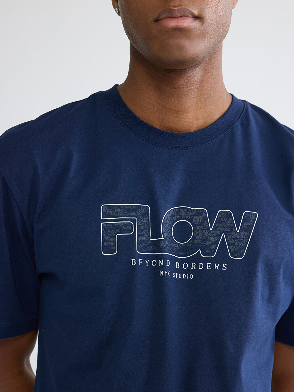 Lacivert Bisiklet Yaka NYC Baskılı Penye Erkek Tişört-2