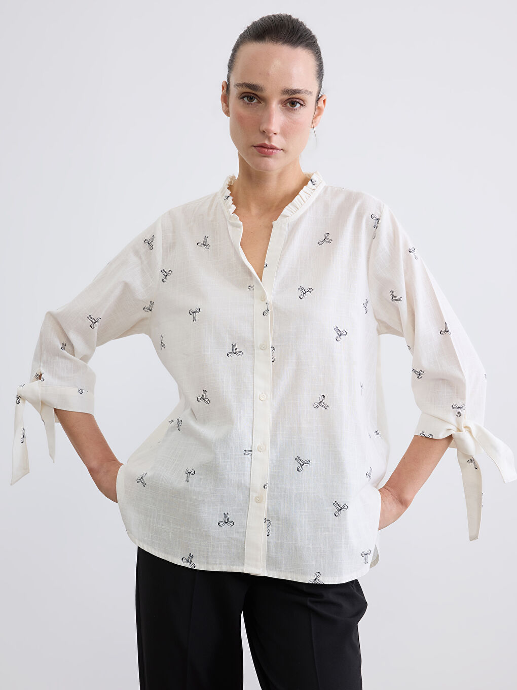 Frilled Notch Neck Patterned Women's Shirt