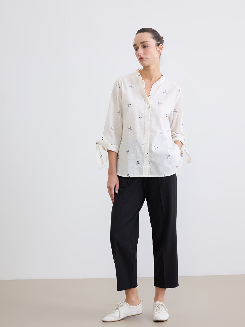 Frilled Notch Neck Patterned Women's Shirt-1