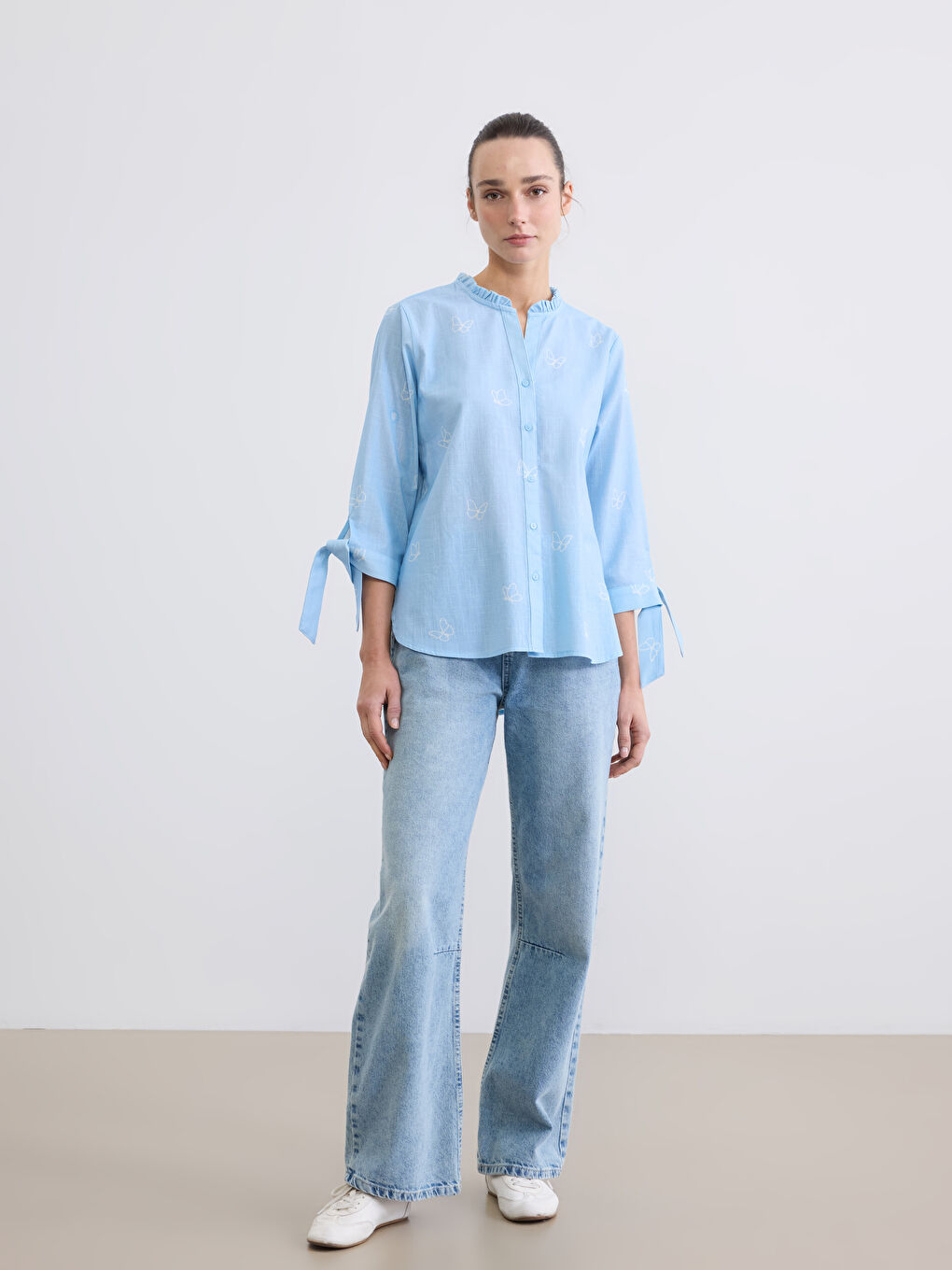 Frilled Notch Neck Patterned Women's Shirt-1