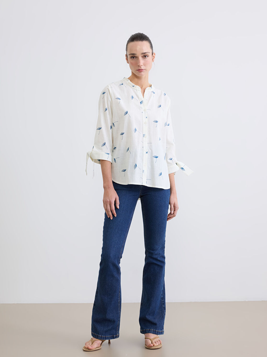 Frilled Notch Neck Patterned Women's Shirt-1