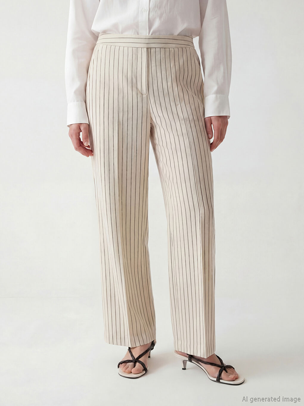 Beli Lastikli Çizgili Keten Karışımlı Kadın Pantolon-1