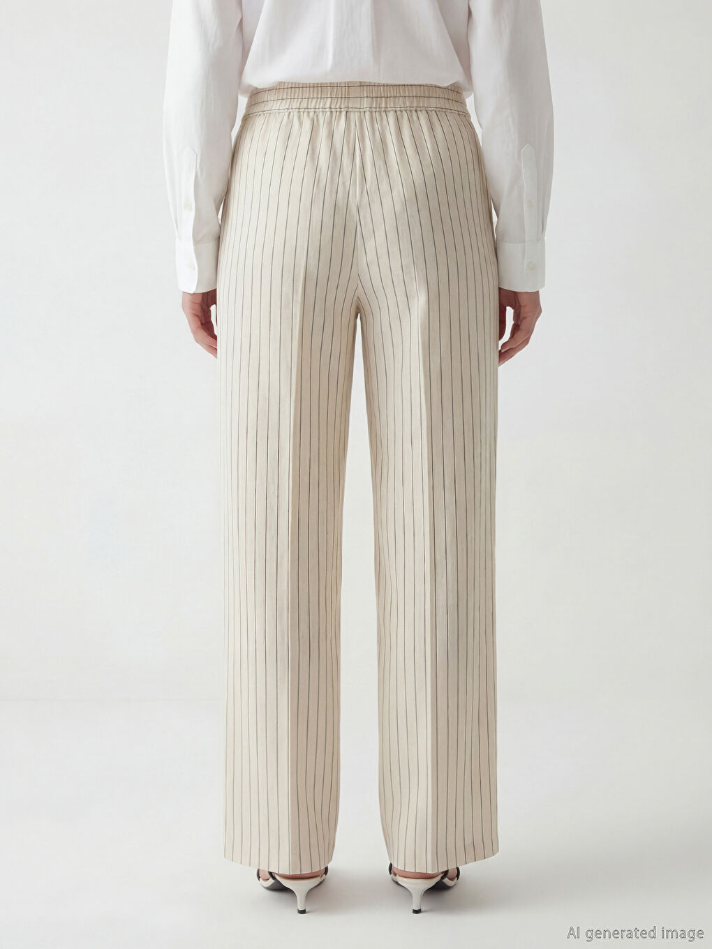 Beli Lastikli Çizgili Keten Karışımlı Kadın Pantolon-2