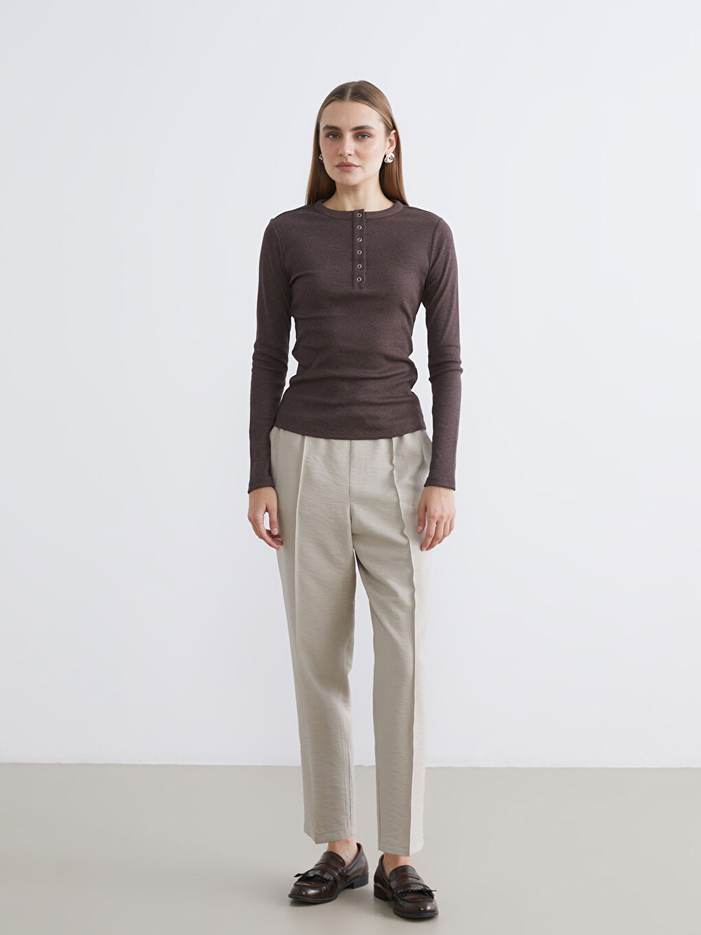 Kahverengi Bisiklet Yaka Fitilli Kadın Body-1